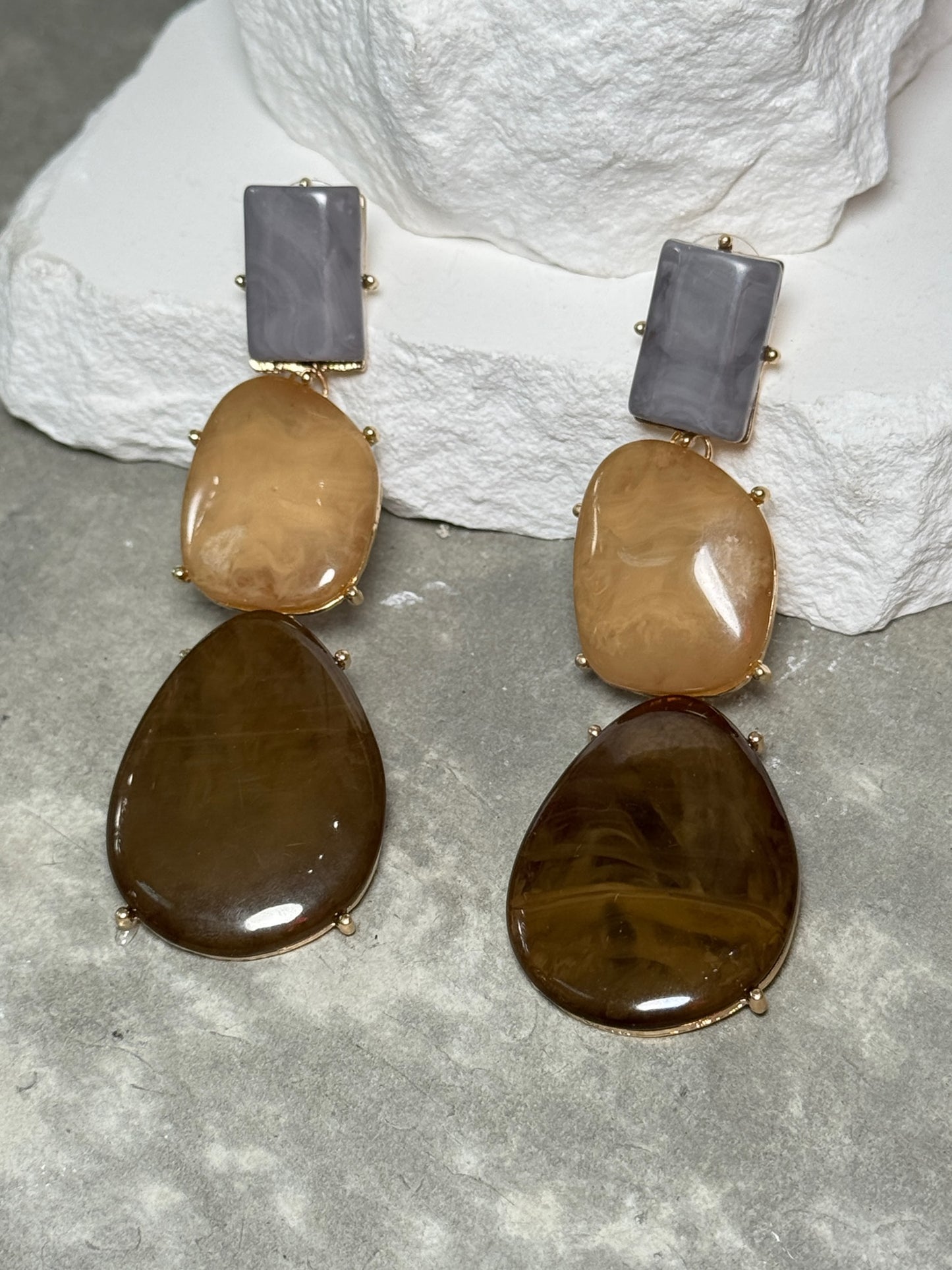 Fall For You Layered Earring - Unique Design with Rectangular and Teardrop Shapes in Brown Tones