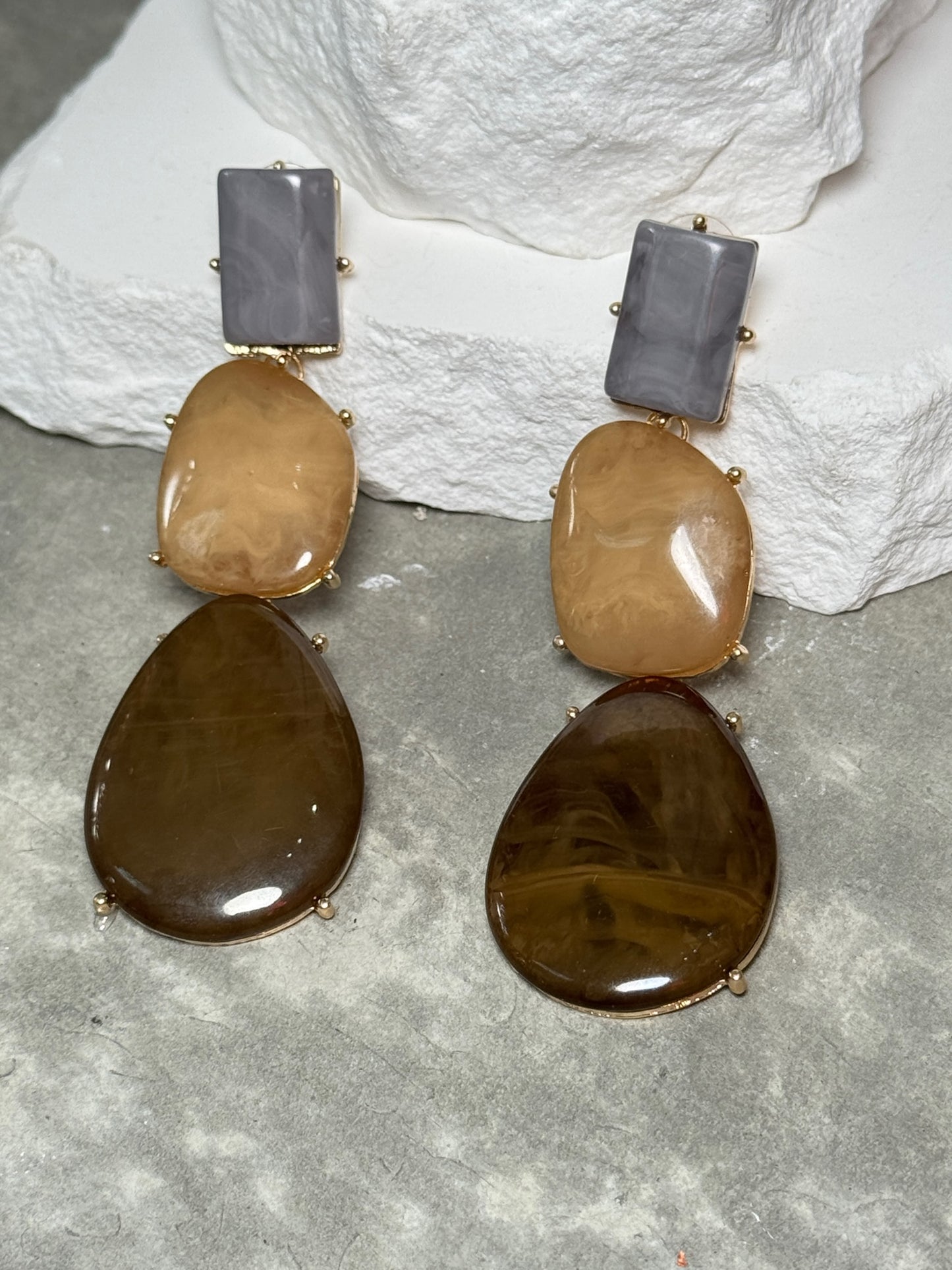 Fall For You Layered Earring - Unique Design with Rectangular and Teardrop Shapes in Brown Tones
