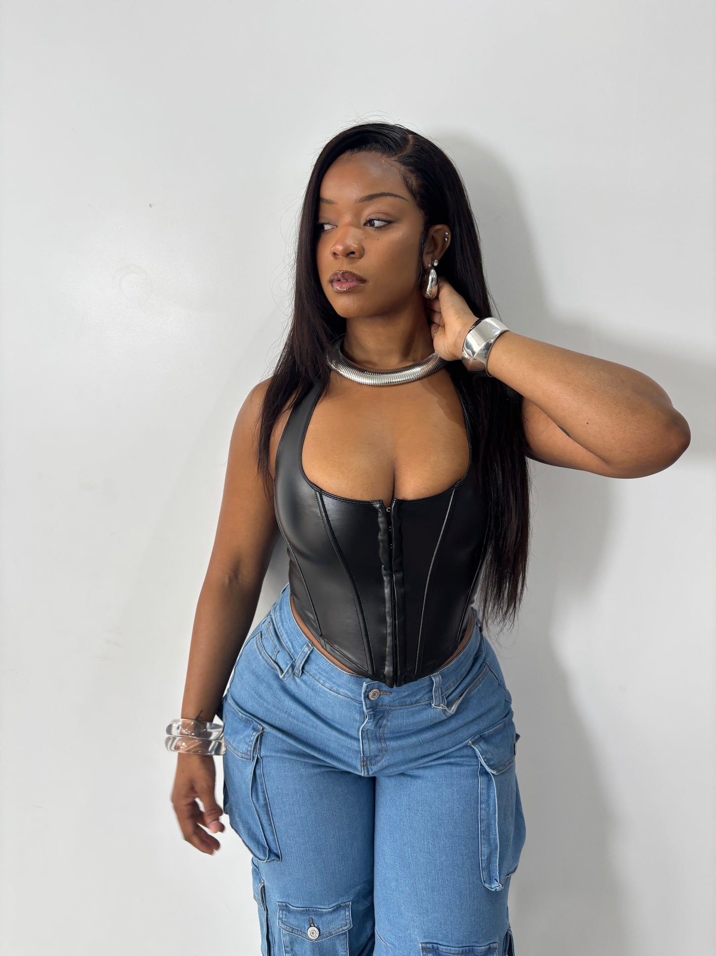 Faux Leather Halter Corset Top - Stylish Chic Design for Versatile Womenswear - Piece, Style