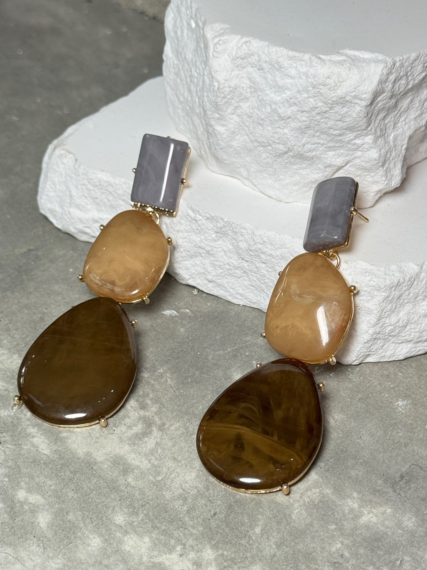 Fall For You Layered Earring - Unique Design with Rectangular and Teardrop Shapes in Brown Tones