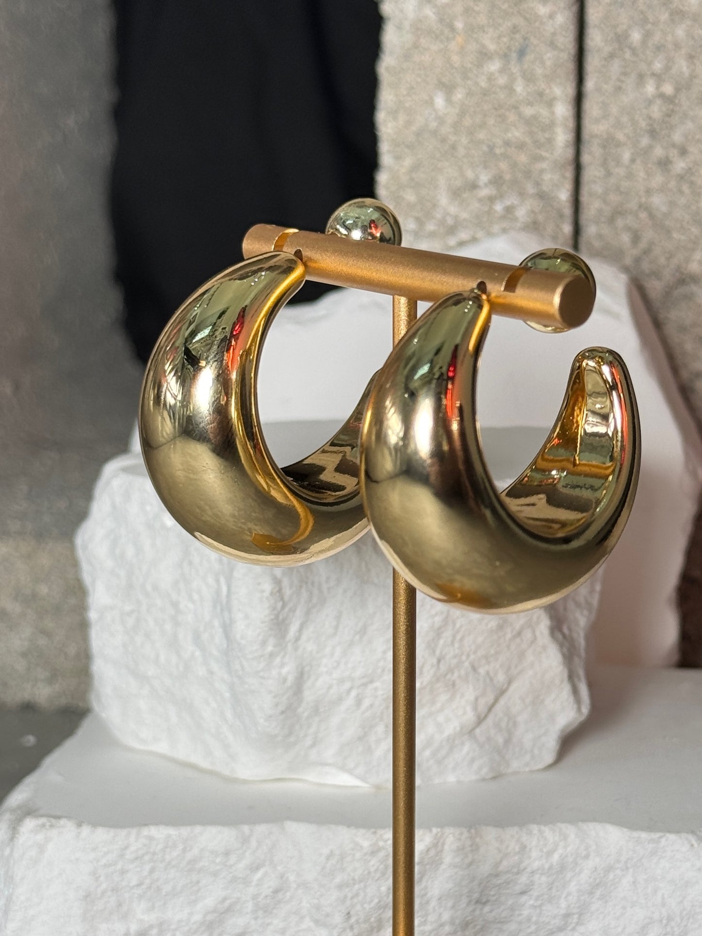In the Balance Crescent Hoop Earrings - Polished Gold & Silver Modern Ball-Back Design Lightweight Fashion Forward Hoops for Everyday Wear