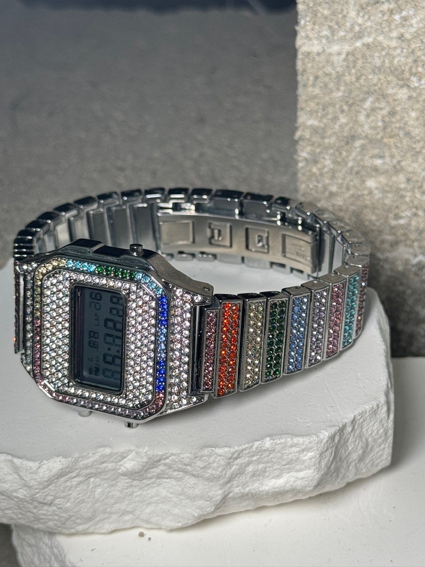 Colorburst Classic Timepiece Wrist Watch - Gold Band with Rainbow Rhinestones & Digital Display - Versatile & Stylish Accessory