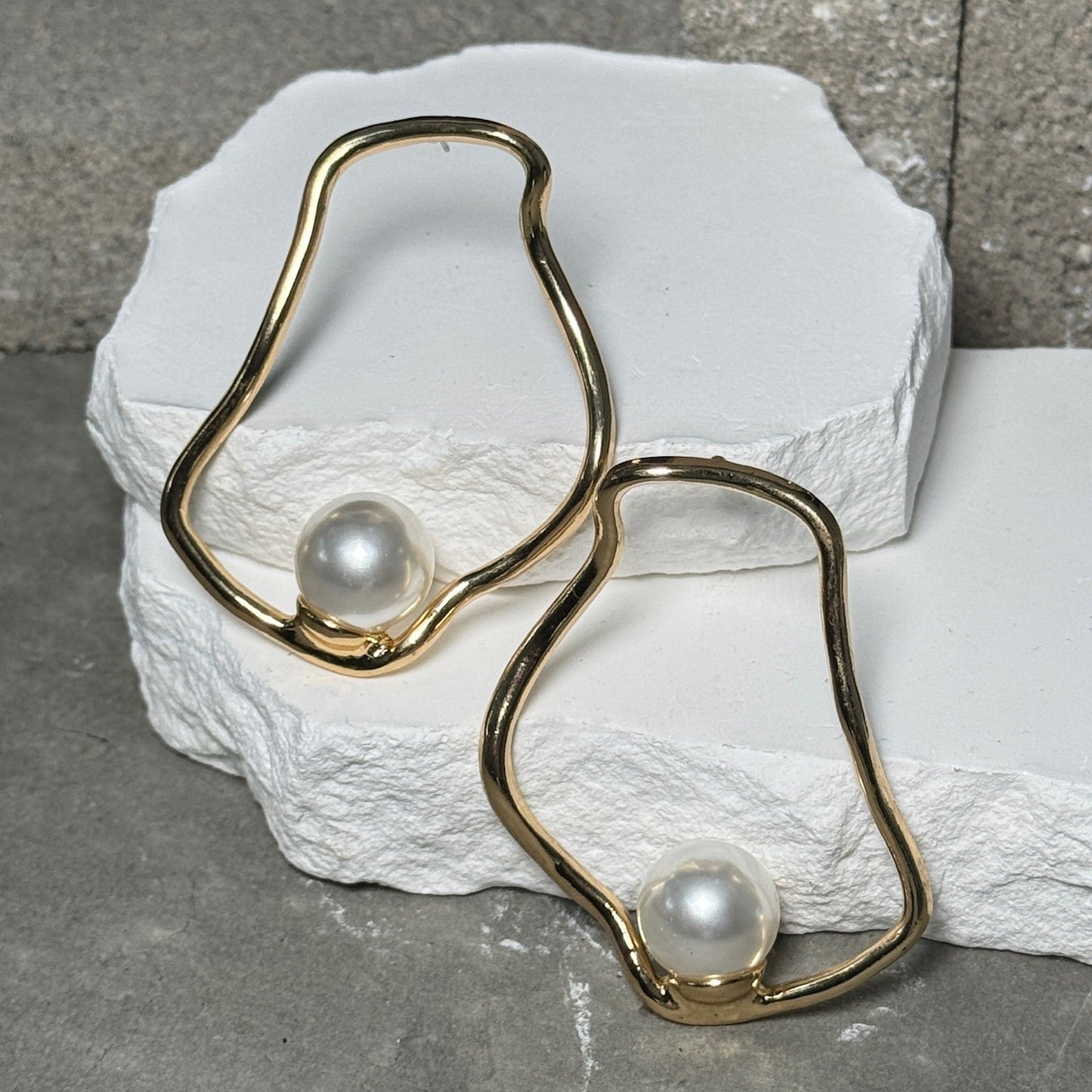 Gold Metric Pearl Drop Earrings