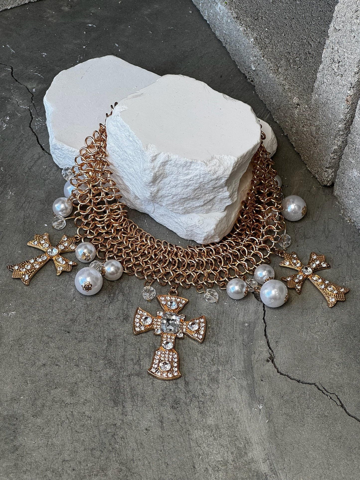 Timeless Cross & Pearl Choker 10" w/ Extender