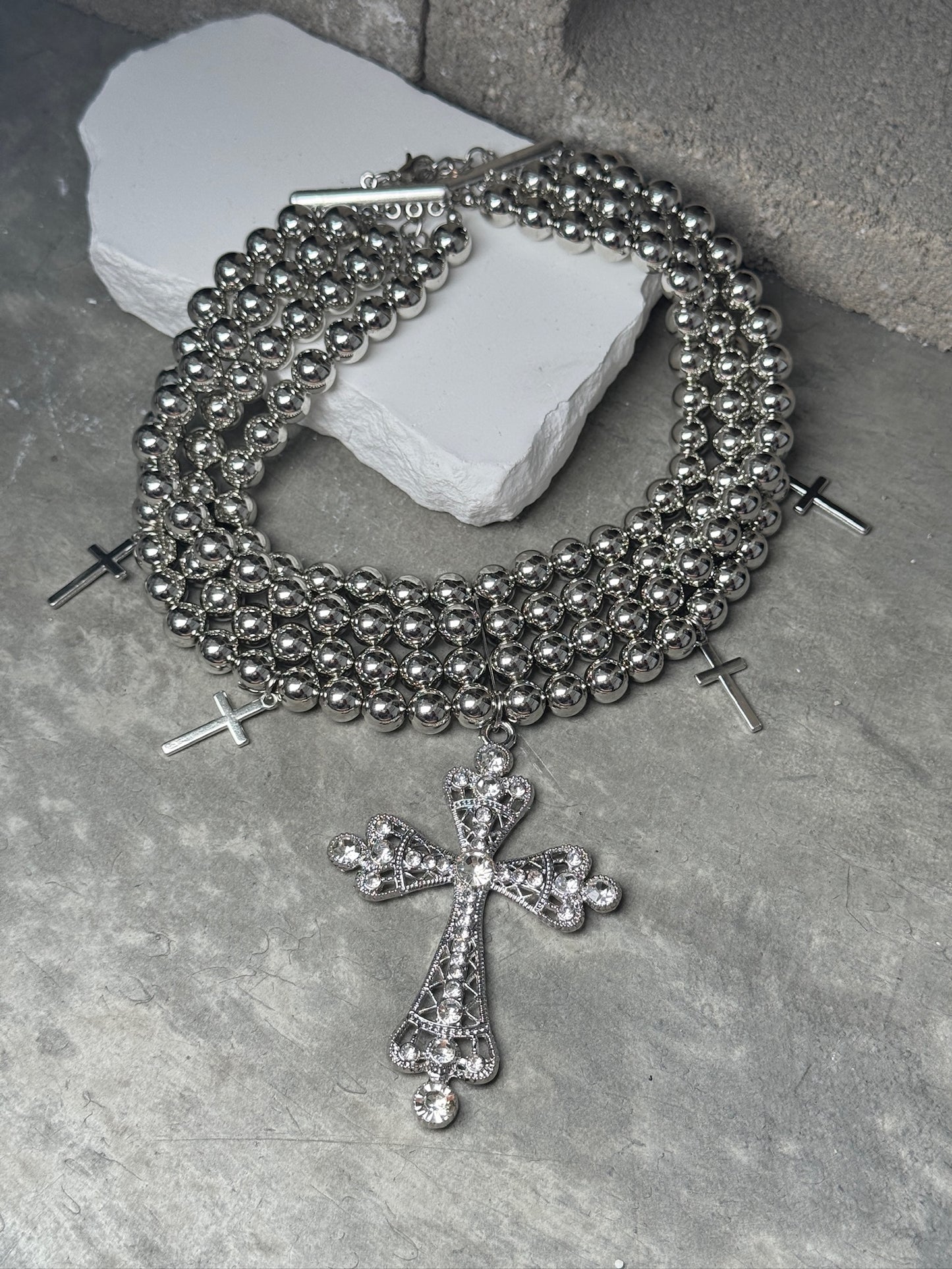 Triple Blessing Beaded Cross Necklace 14" w/ Extender