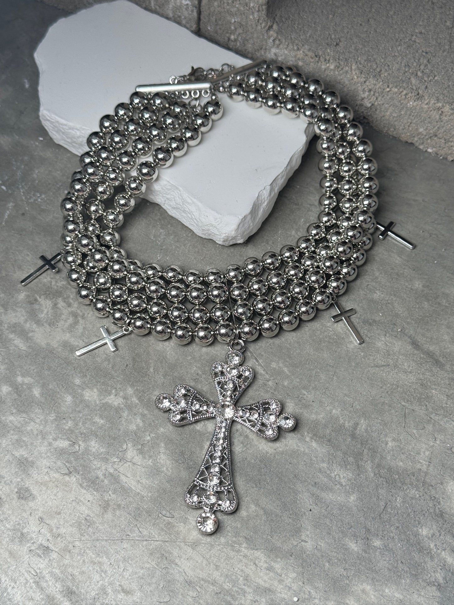 Triple Blessing Beaded Cross Necklace 14" w/ Extender