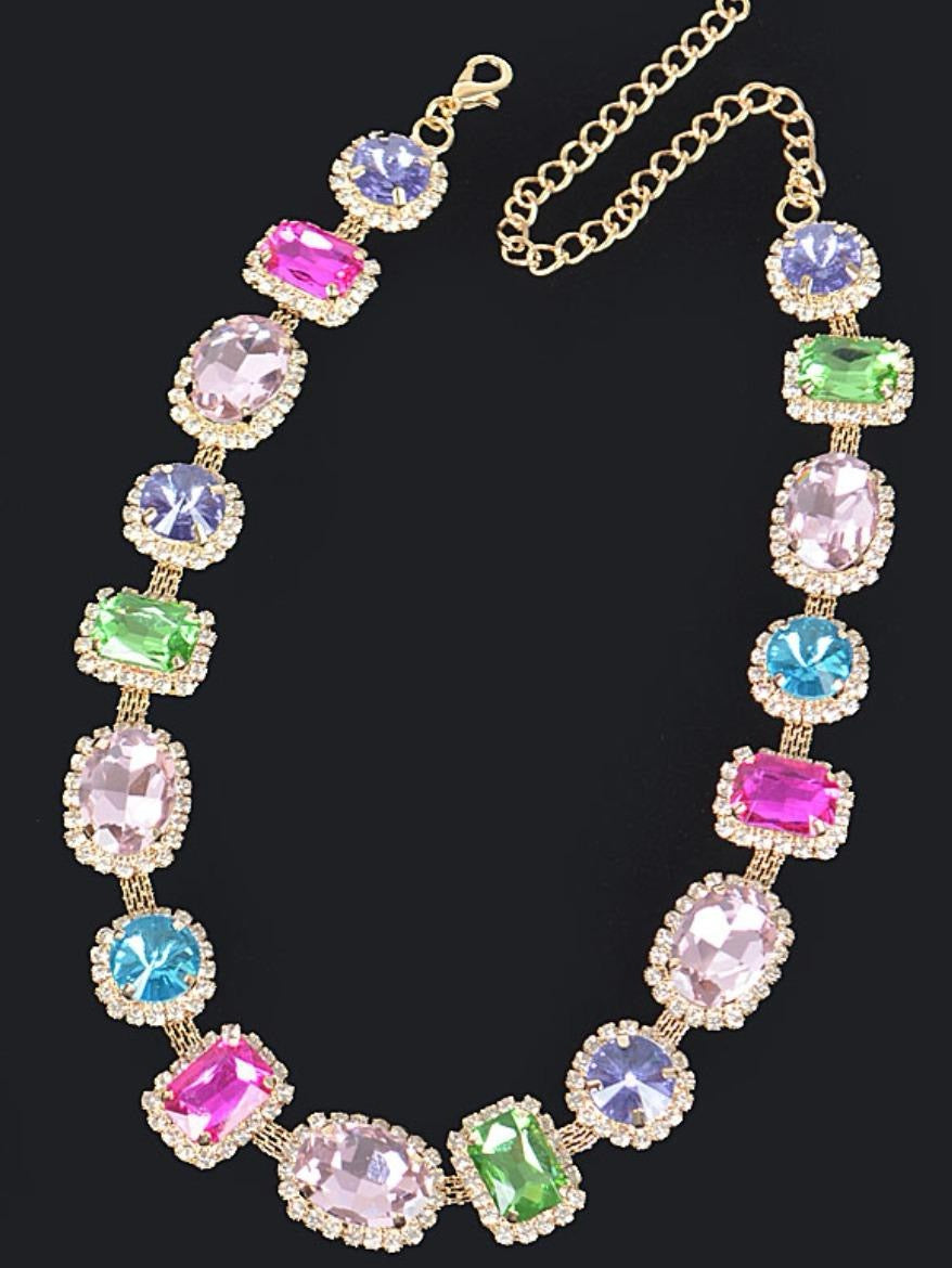 Multi Color and Shape 20" Stone Necklace Gold with Metal Coating Fashion Jewelry Accessory
