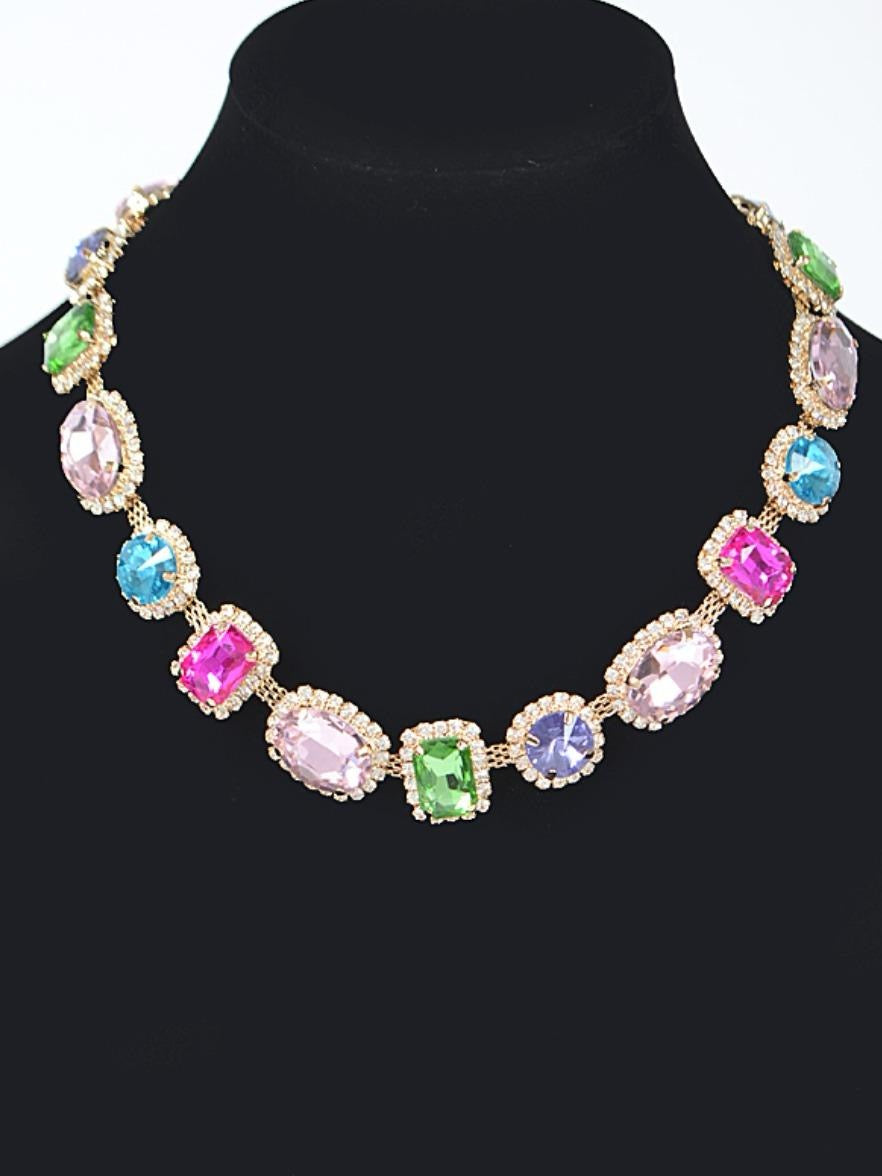 Multi Color and Shape 20" Stone Necklace Gold with Metal Coating Fashion Jewelry Accessory