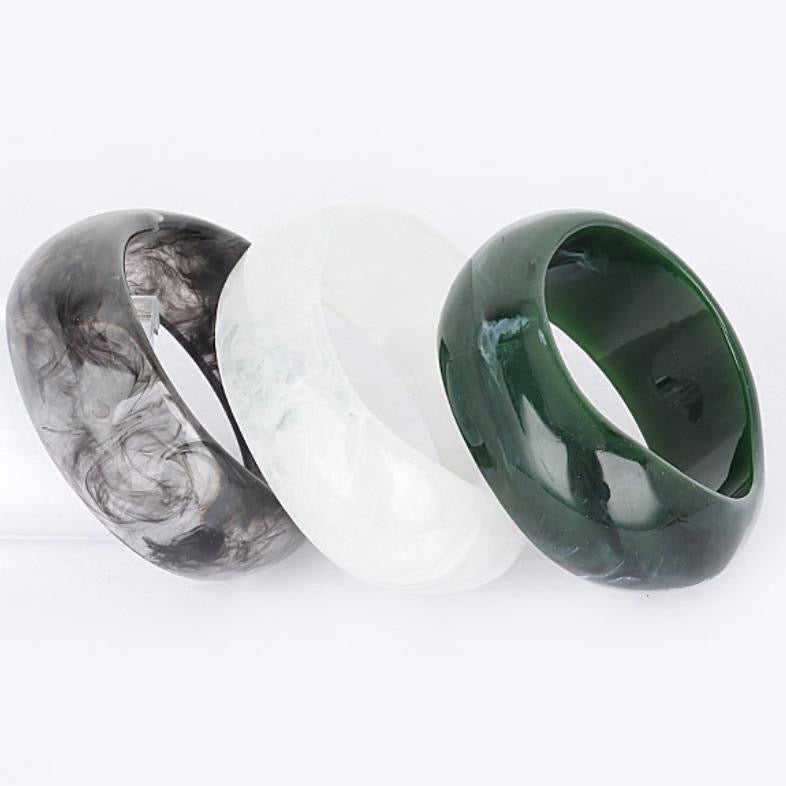 Multi Resin Bangle Trio 8" Wrist Circumference Unique Design with Green White and Grey Resin Elements Bangle Jewelry