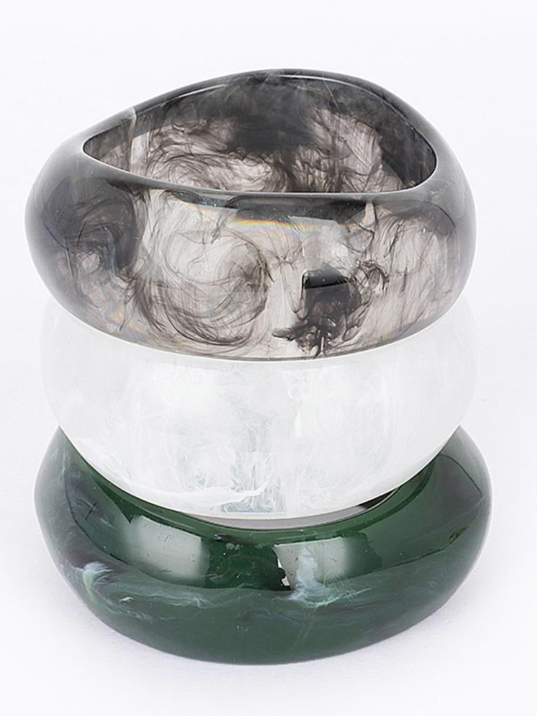 Multi Resin Bangle Trio 8" Wrist Circumference Unique Design with Green White and Grey Resin Elements Bangle Jewelry