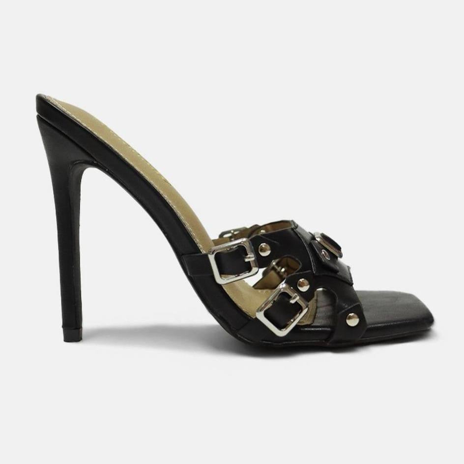 Black Stiletto Square Toe Heel with Metallic Buckles - Elegant Design for Casual and Formal Occasions