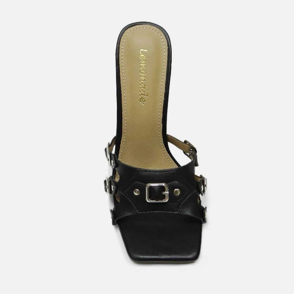 Black Stiletto Square Toe Heel with Metallic Buckles - Elegant Design for Casual and Formal Occasions
