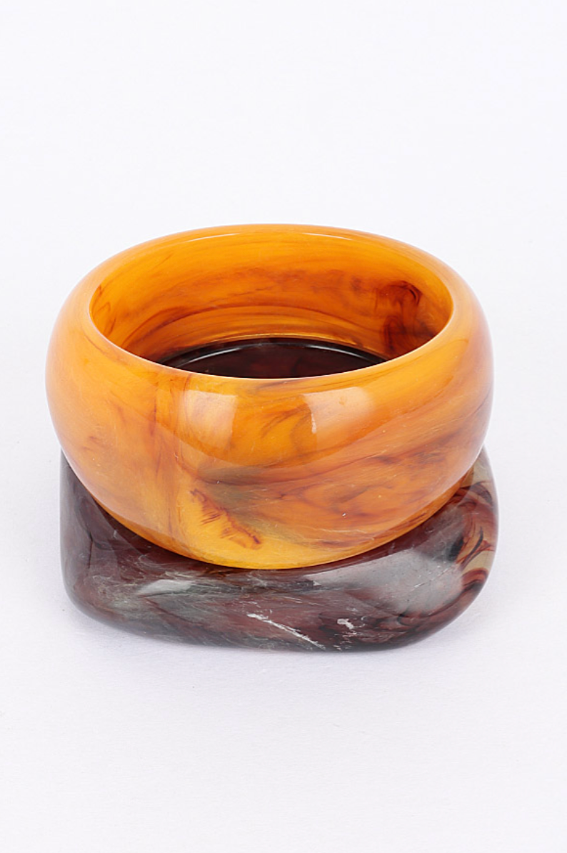 Carmello 2 Piece Resin Bangle Set - Orange & Marbled Design Fashion Jewelry Accessories