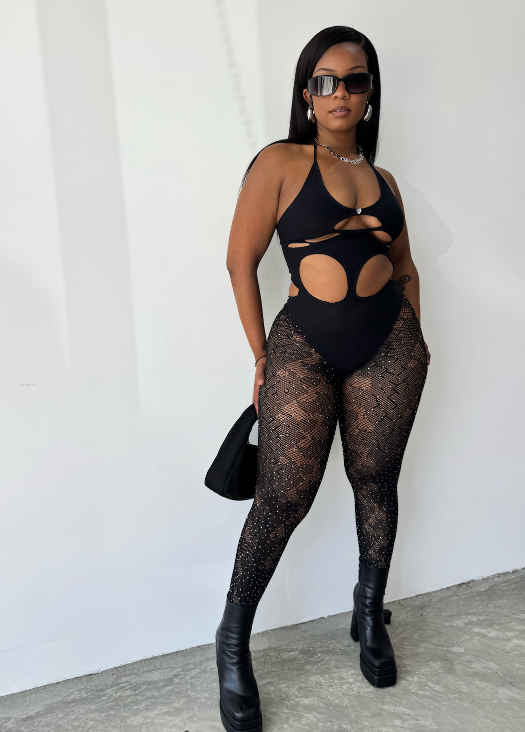 Womenswear Fishnet and Rhinestone Style Dress with Cutouts and Tights, Casual Look