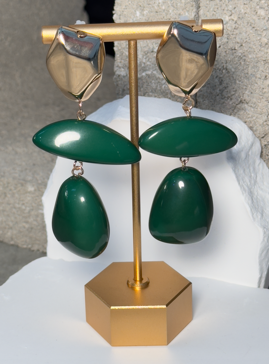 True Green Abstract Layer Drop Earrings - Three-Layer Design with Gold-Tone Top & Green Enamel Base - Lightweight & Comfortable Wear