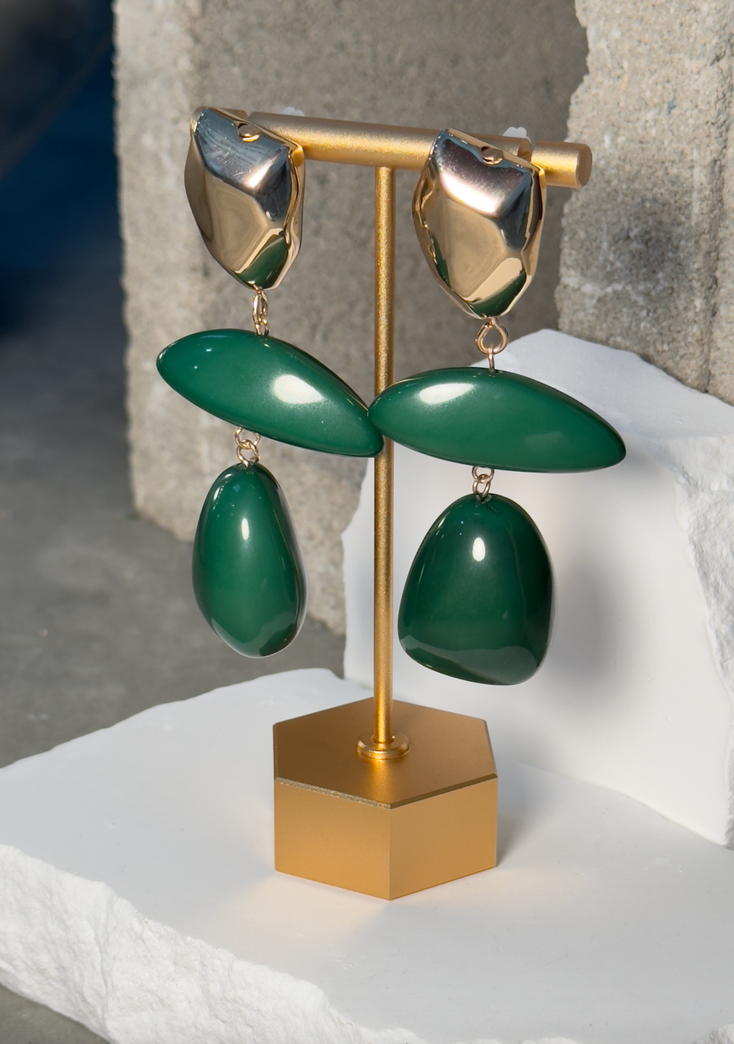 True Green Abstract Layer Drop Earrings - Three-Layer Design with Gold-Tone Top & Green Enamel Base - Lightweight & Comfortable Wear