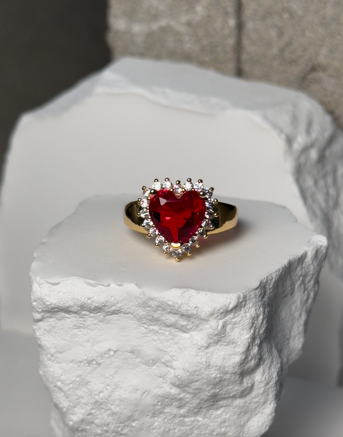Premium Stoned Heart Adjustable Ring - Heart with Rhinestone Halo on Gold-Tone Band - One Size Fits Most - Hypoallergenic & Nickel-Free