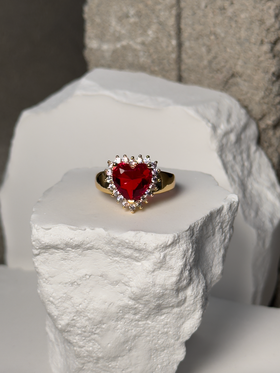 Premium Stoned Heart Adjustable Ring - Heart with Rhinestone Halo on Gold-Tone Band - One Size Fits Most - Hypoallergenic & Nickel-Free