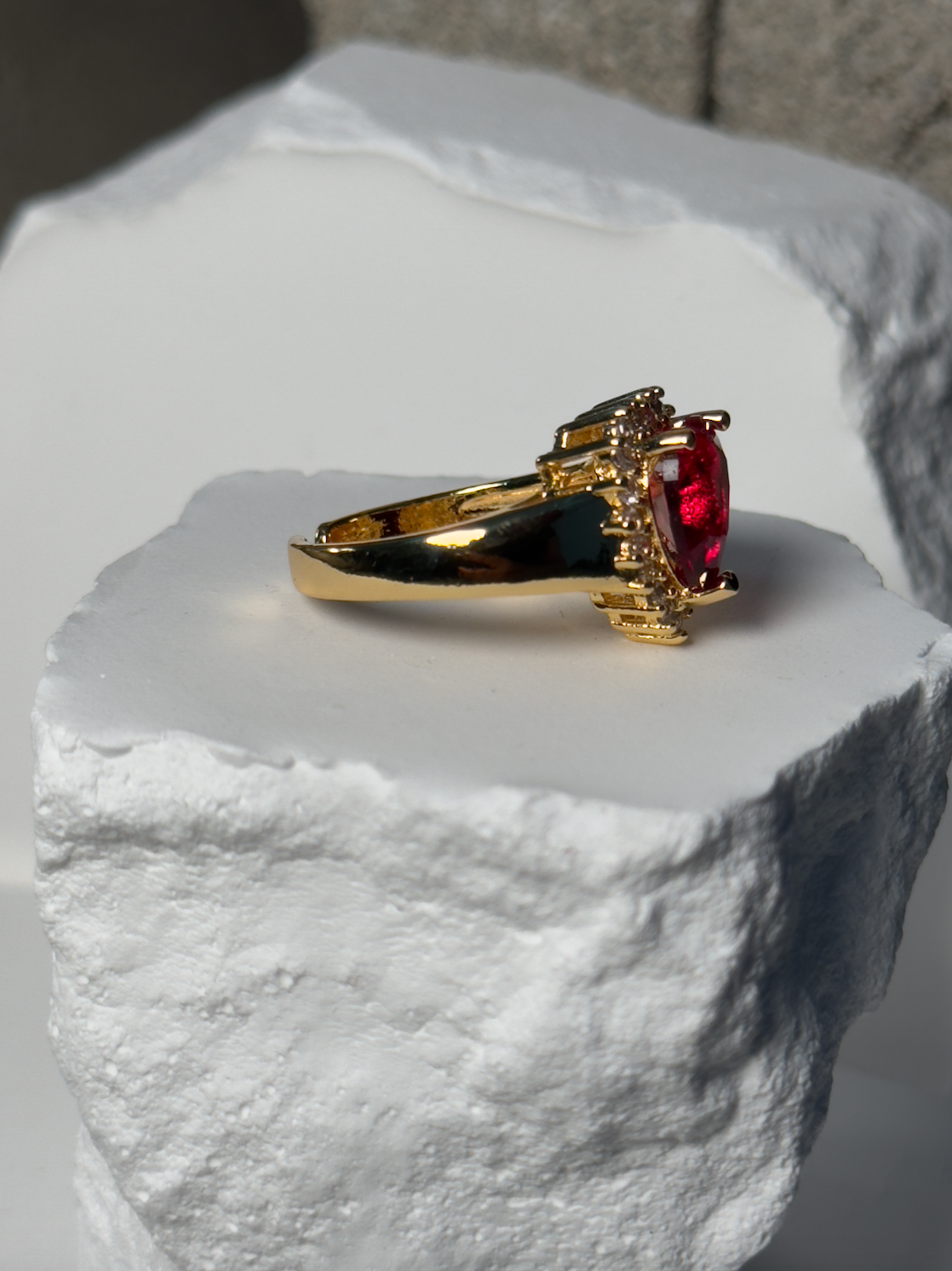 Premium Stoned Heart Adjustable Ring - Heart with Rhinestone Halo on Gold-Tone Band - One Size Fits Most - Hypoallergenic & Nickel-Free