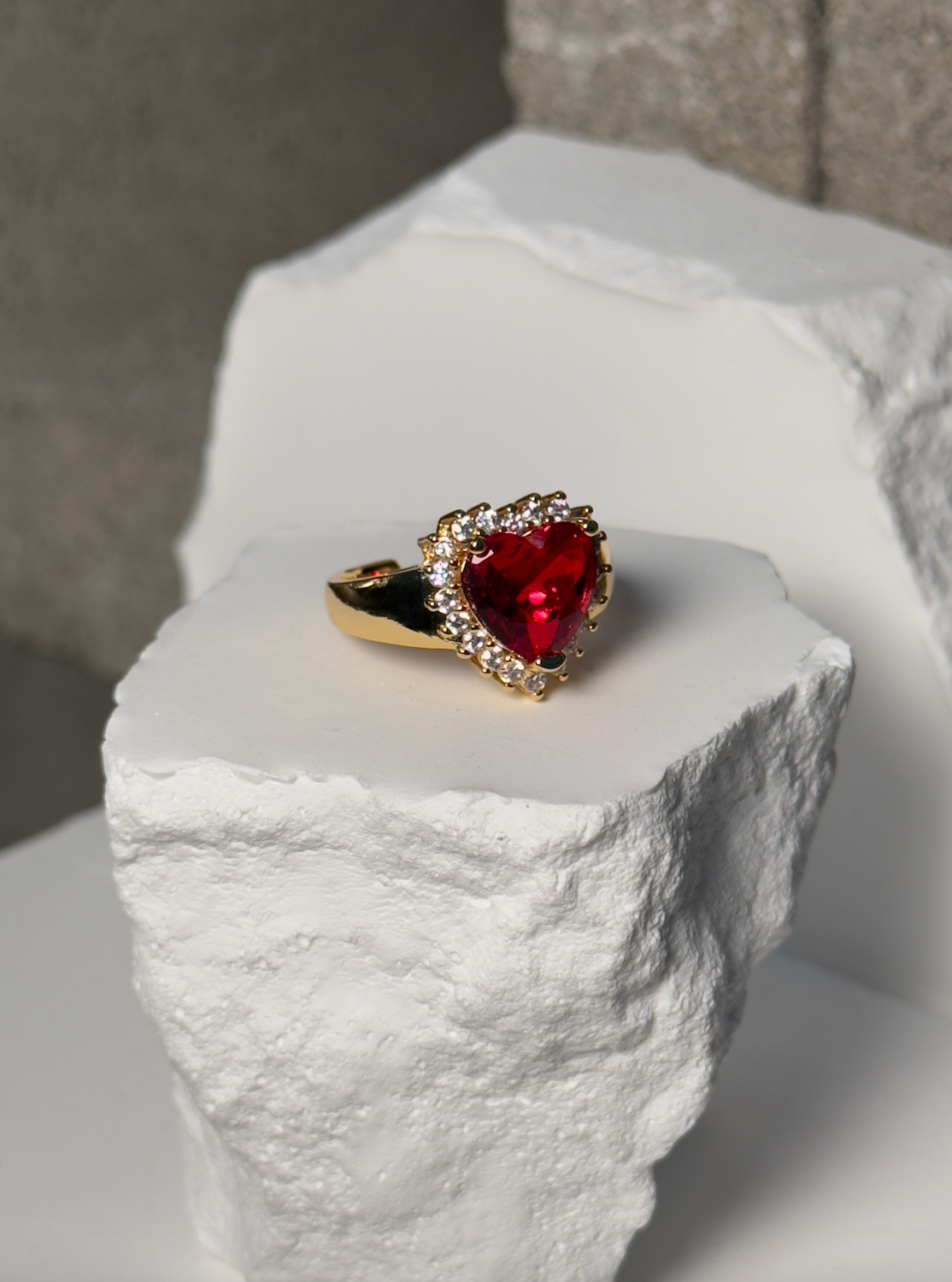 Premium Stoned Heart Adjustable Ring - Heart with Rhinestone Halo on Gold-Tone Band - One Size Fits Most - Hypoallergenic & Nickel-Free