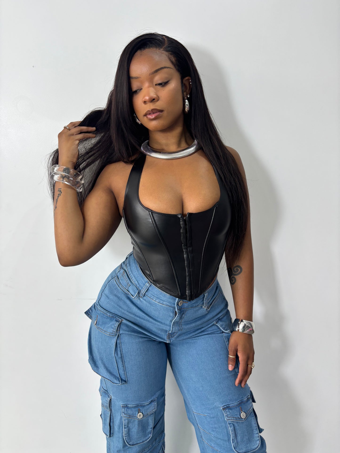 Faux Leather Halter Corset Top - Stylish Chic Design for Versatile Womenswear - Piece, Style