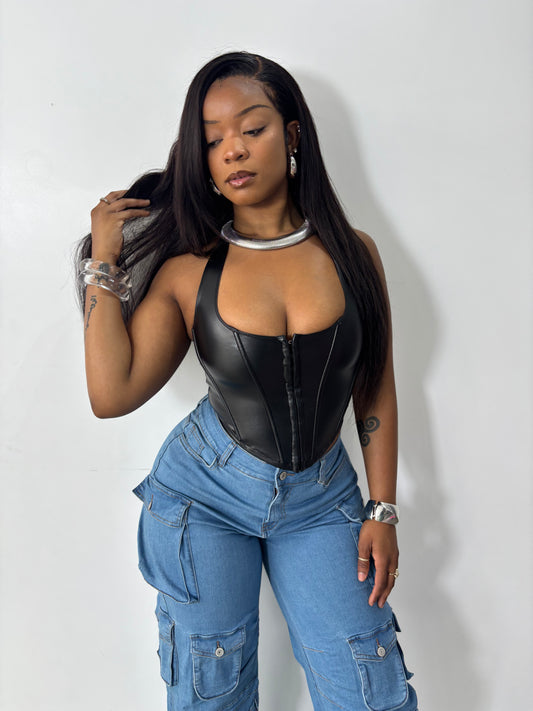 Faux Leather Halter Corset Top - Stylish Chic Design for Versatile Womenswear - Piece, Style