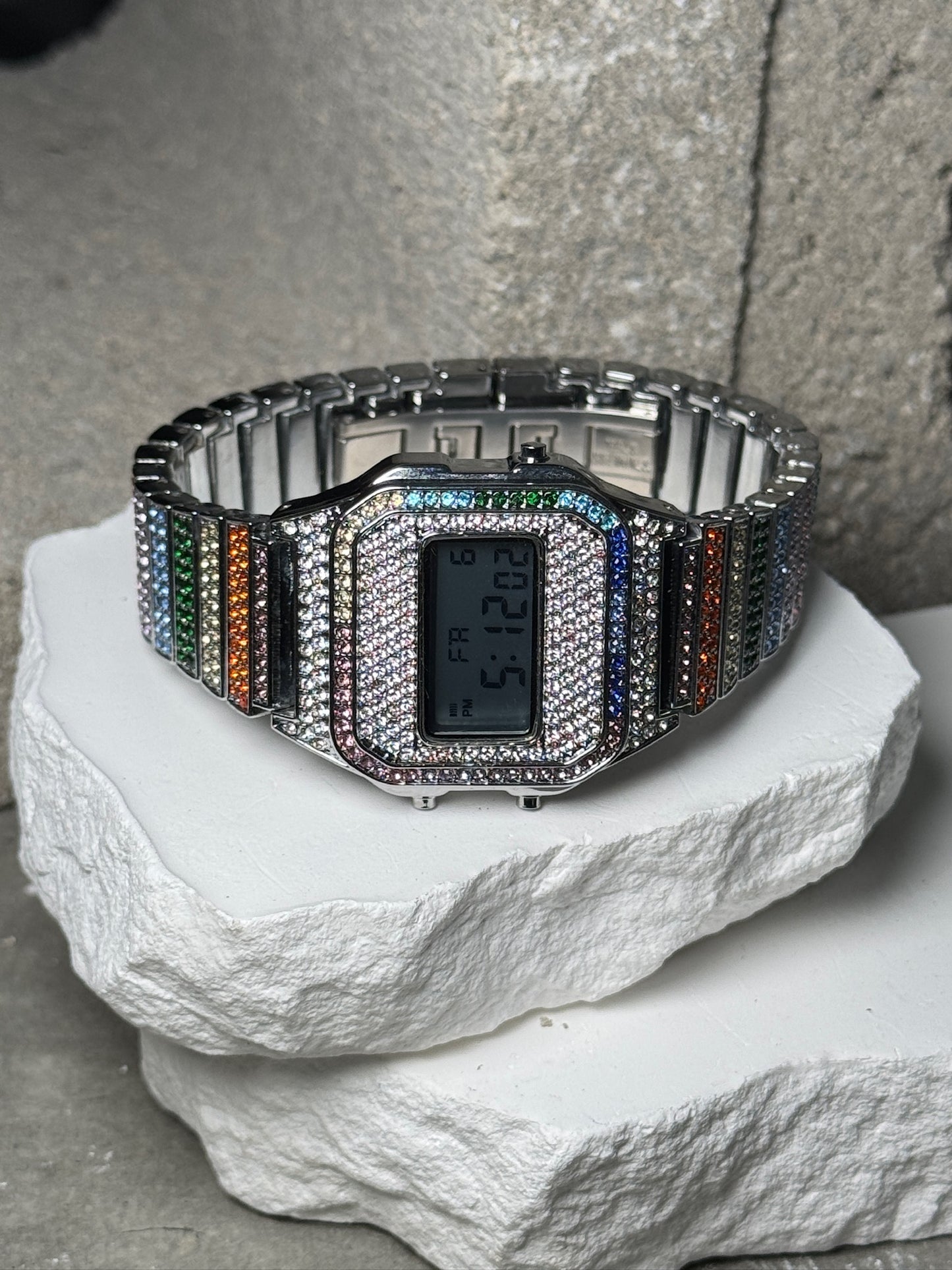 Colorburst Classic Timepiece Wrist Watch - Gold Band with Rainbow Rhinestones & Digital Display - Versatile & Stylish Accessory