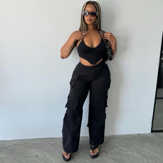 Women's Black Sweat Cargo Multi Pocket Pants