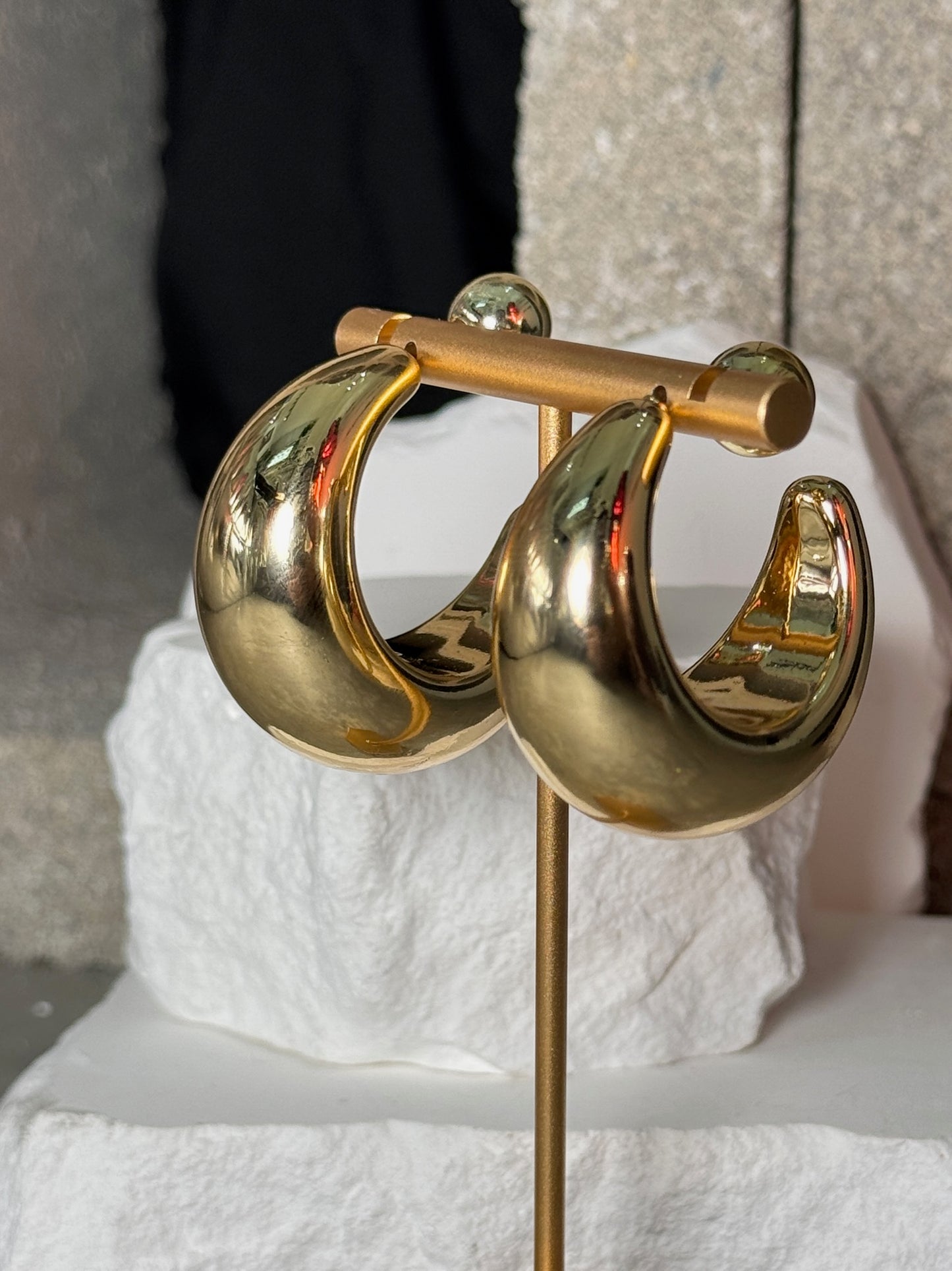 In the Balance Crescent Hoop Earrings - Polished Gold & Silver Modern Ball-Back Design Lightweight Fashion Forward Hoops for Everyday Wear