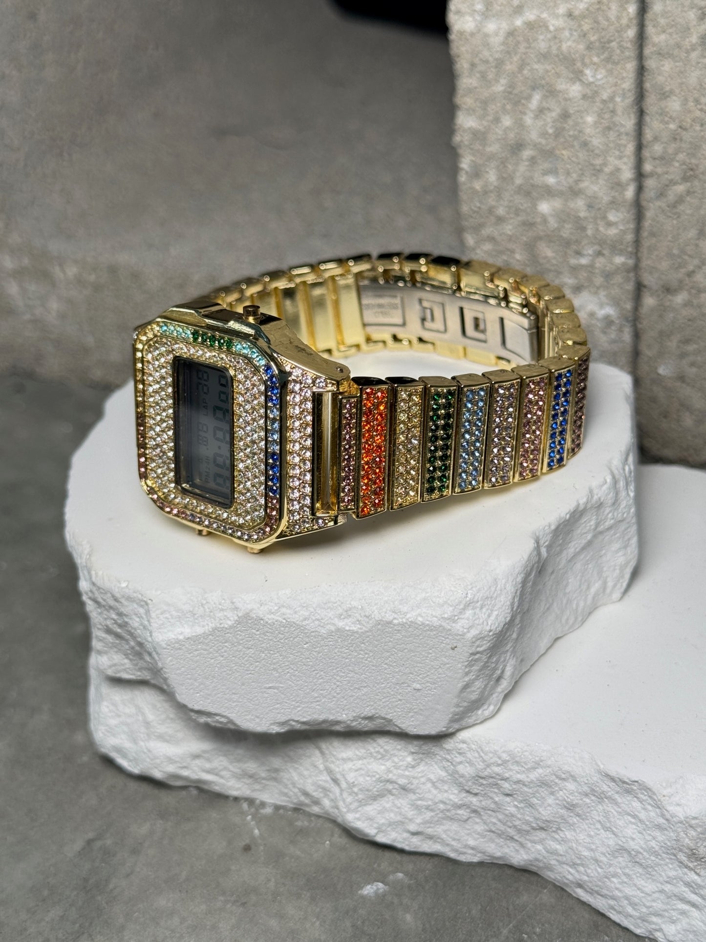 Colorburst Classic Timepiece Wrist Watch - Gold Band with Rainbow Rhinestones & Digital Display - Versatile & Stylish Accessory