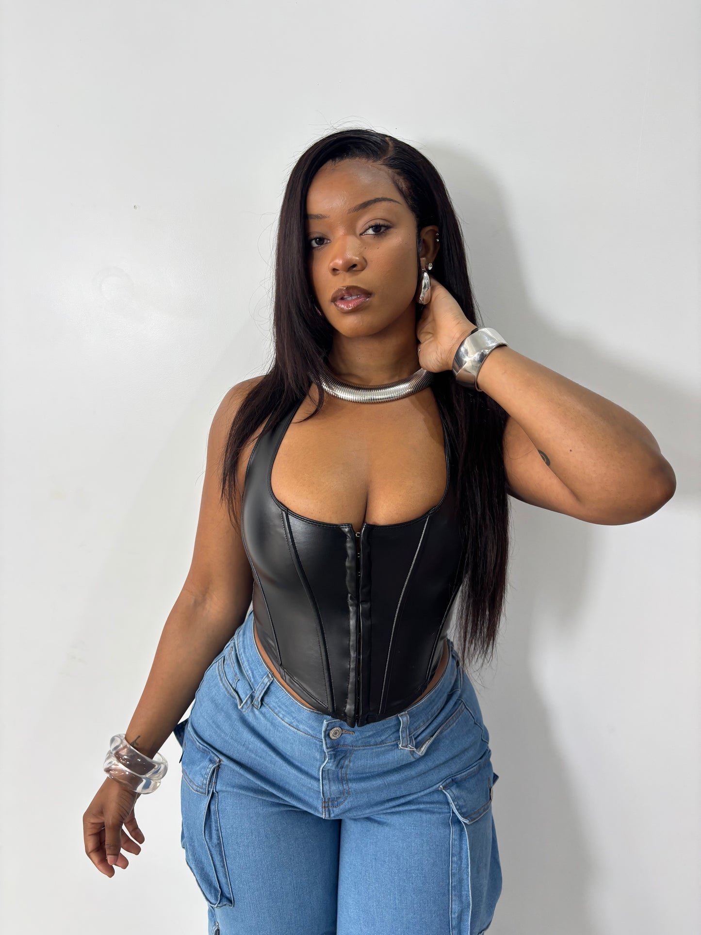 Faux Leather Halter Corset Top - Stylish Chic Design for Versatile Womenswear - Piece, Style
