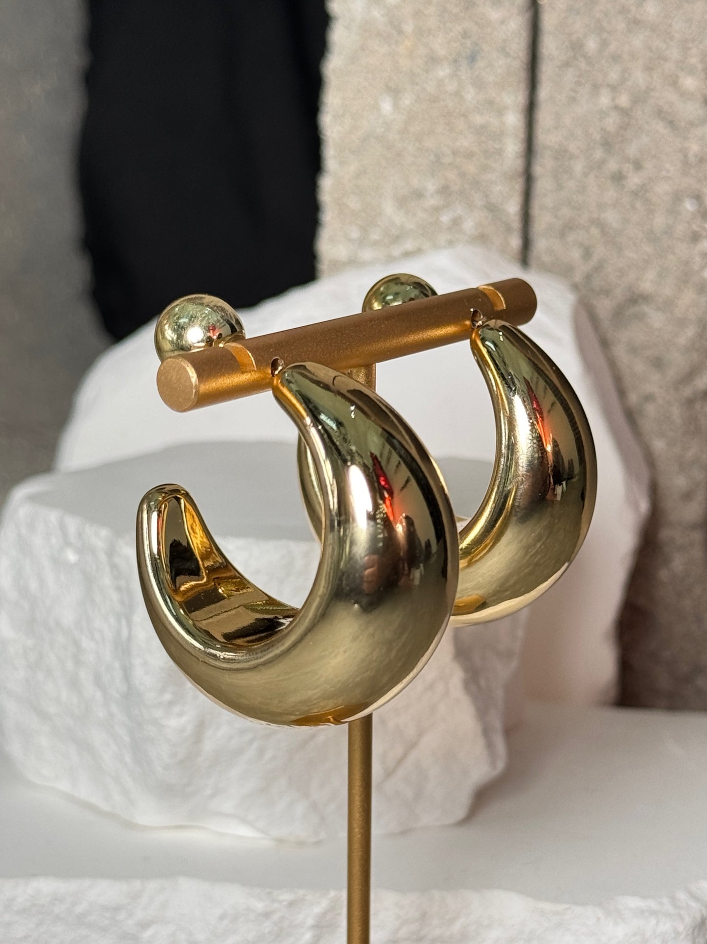 In the Balance Crescent Hoop Earrings - Polished Gold & Silver Modern Ball-Back Design Lightweight Fashion Forward Hoops for Everyday Wear