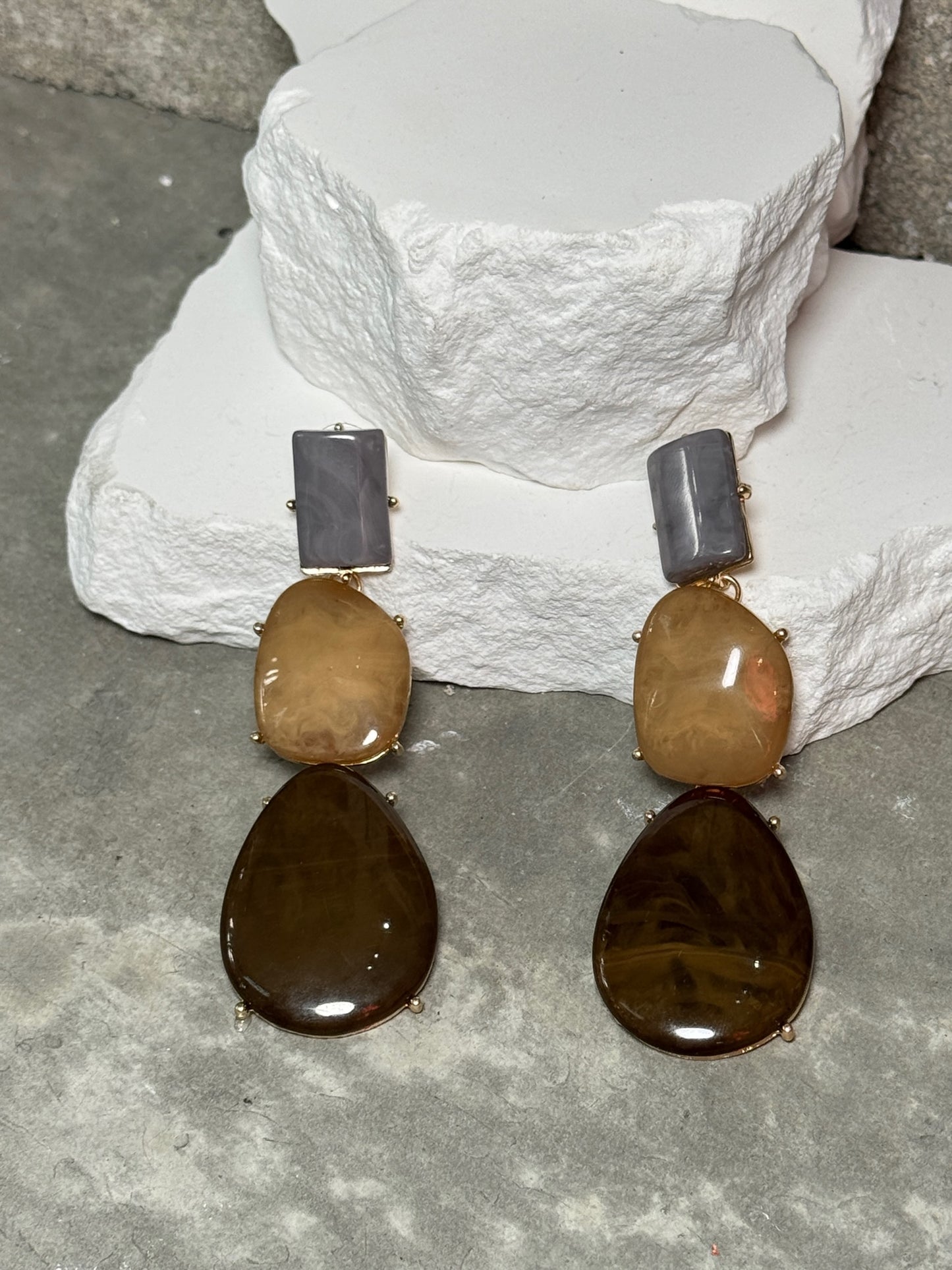 Fall For You Layered Earring - Unique Design with Rectangular and Teardrop Shapes in Brown Tones