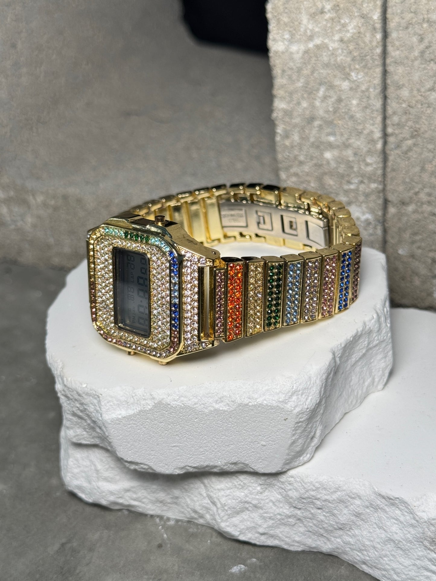 Colorburst Classic Timepiece Wrist Watch - Gold Band with Rainbow Rhinestones & Digital Display - Versatile & Stylish Accessory