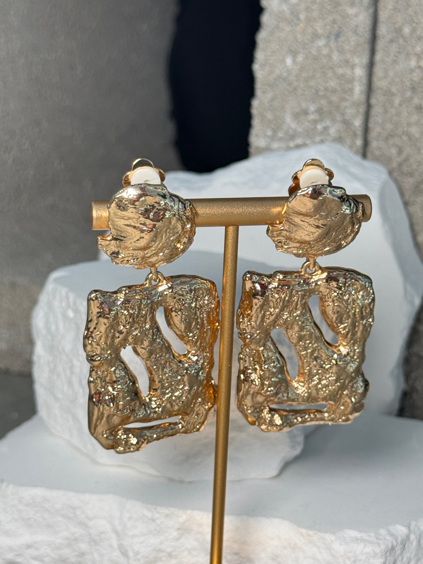 Regal Rectangle Clip-Ons Earrings - Classic Gold Textured Silhouette for Everyday & Occasion Wear - Secure Pinch-Free Fit - Lightweight Design