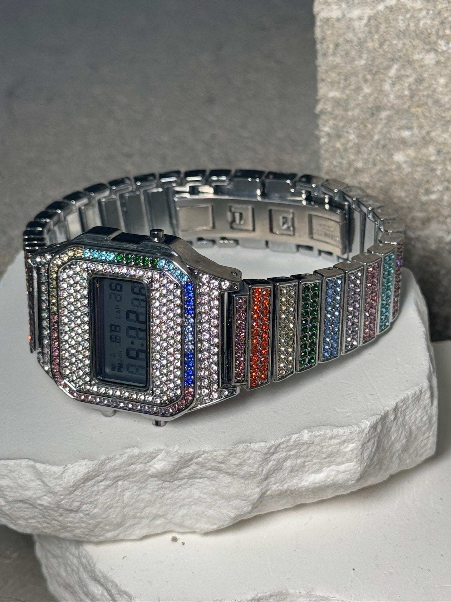 Colorburst Classic Timepiece Wrist Watch - Gold Band with Rainbow Rhinestones & Digital Display - Versatile & Stylish Accessory