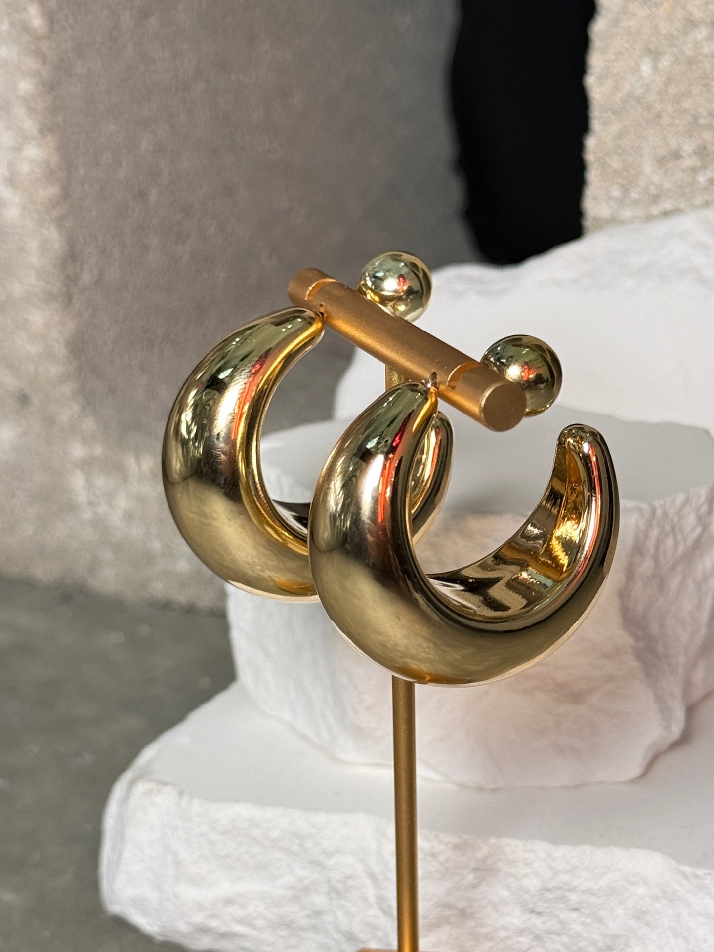 In the Balance Crescent Hoop Earrings - Polished Gold & Silver Modern Ball-Back Design Lightweight Fashion Forward Hoops for Everyday Wear