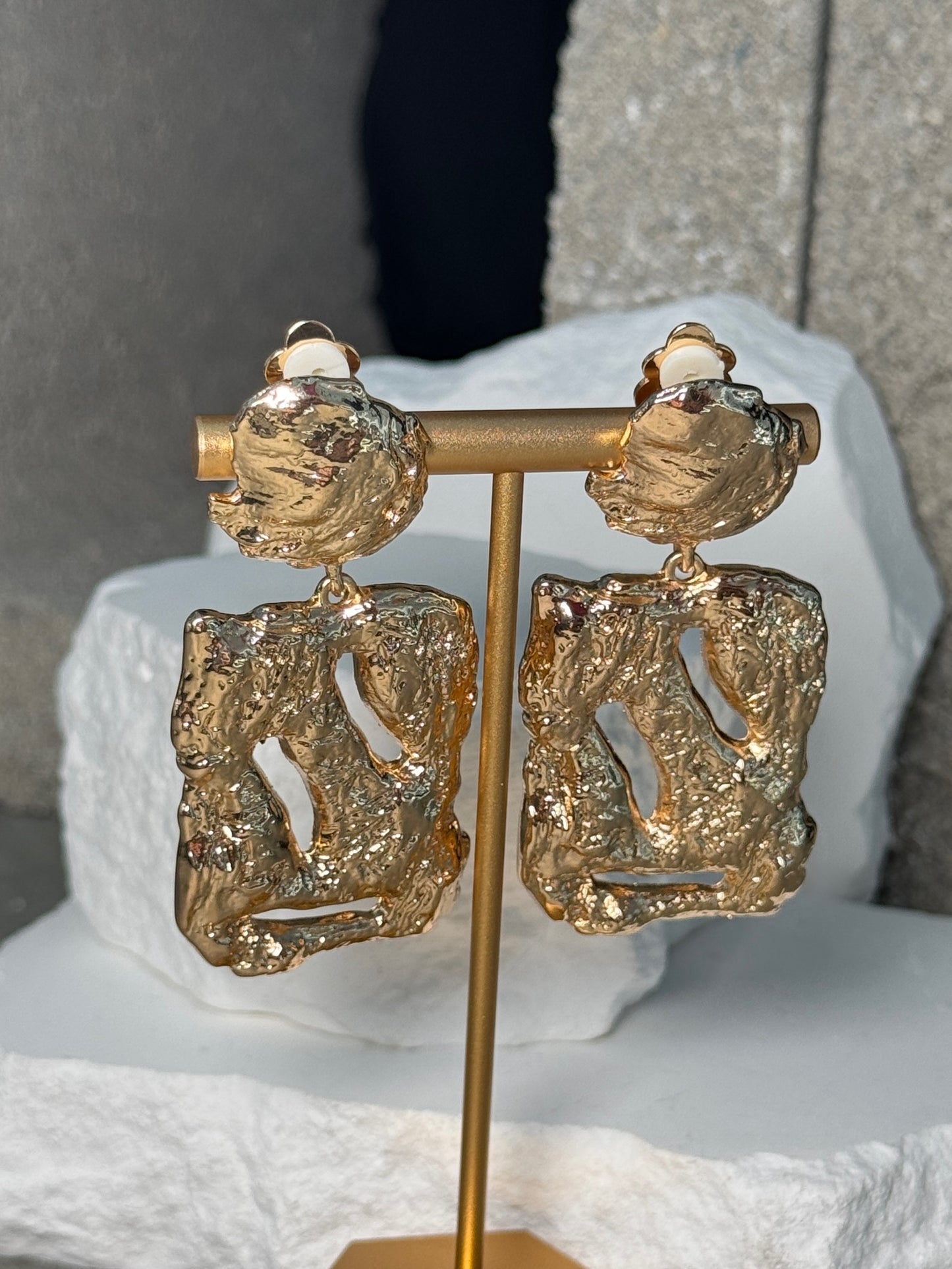 Regal Rectangle Clip-Ons Earrings - Classic Gold Textured Silhouette for Everyday & Occasion Wear - Secure Pinch-Free Fit - Lightweight Design
