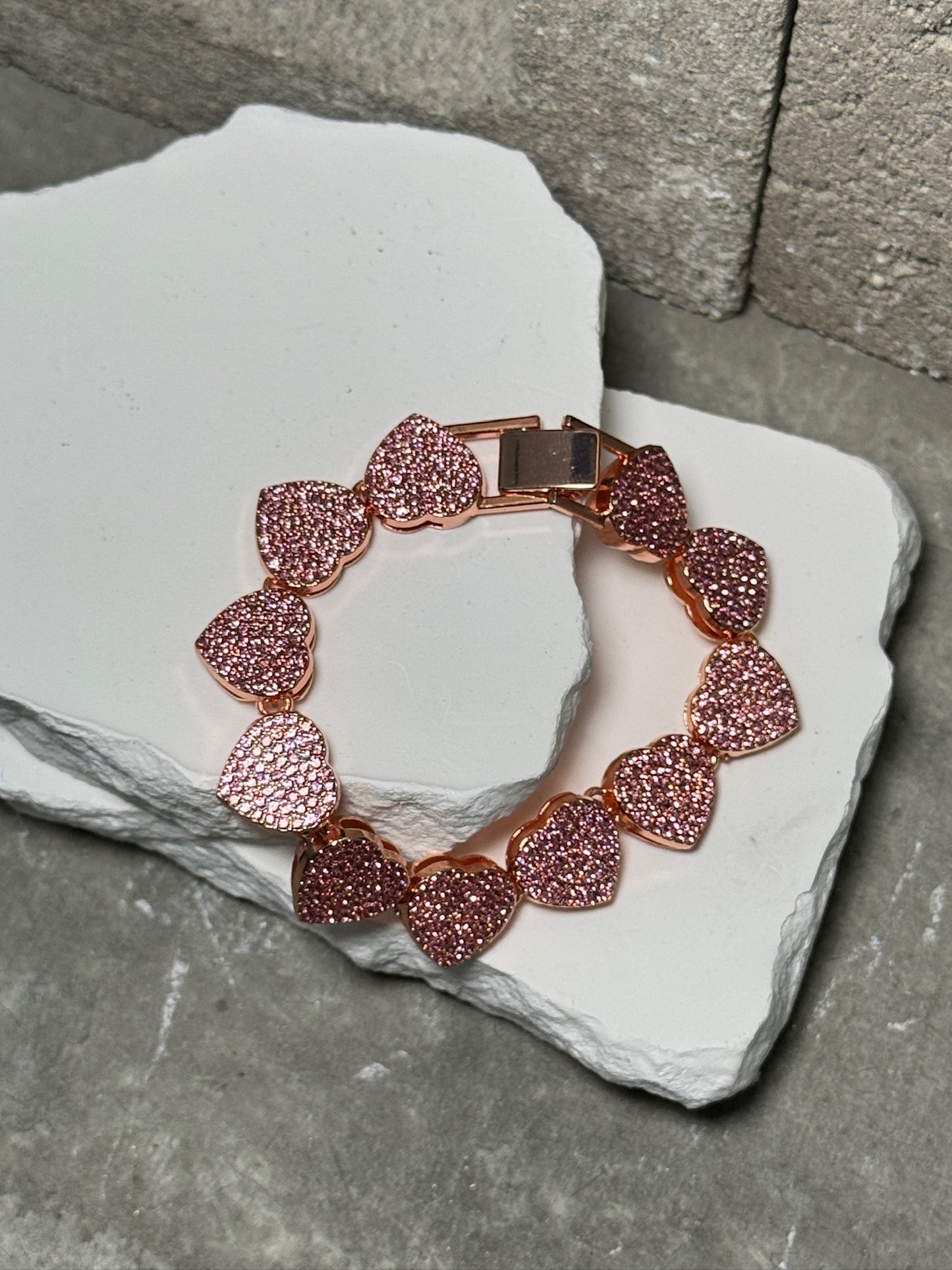 Heart of Gold Link Bracelet - Pink Rhinestone Gold-Tone Chain Flirty Sparkle Girly Accessory for Stacking or Solo Wear