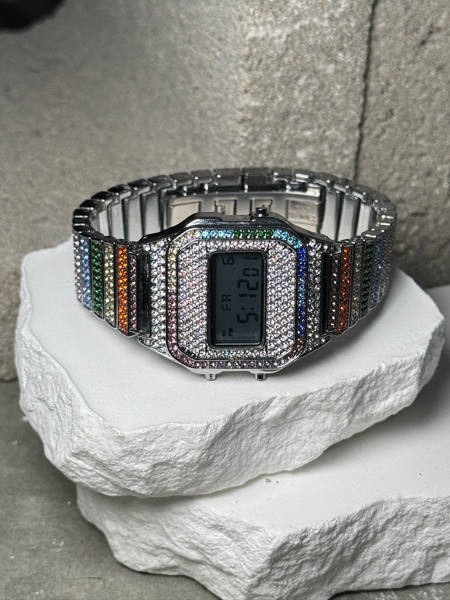 Colorburst Classic Timepiece Wrist Watch - Gold Band with Rainbow Rhinestones & Digital Display - Versatile & Stylish Accessory