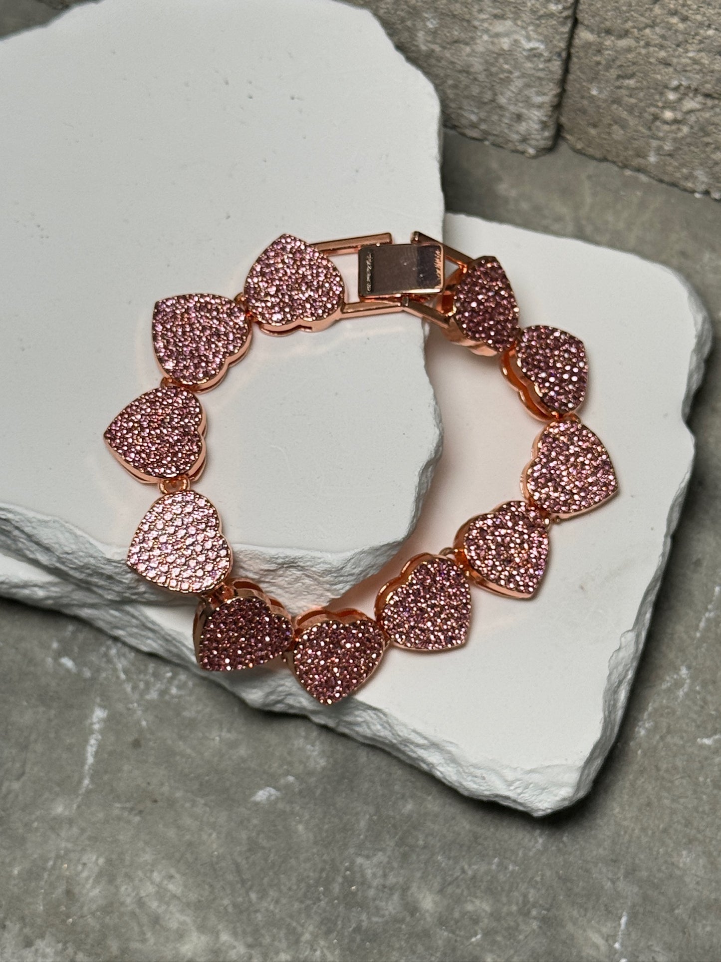 Heart of Gold Link Bracelet - Pink Rhinestone Gold-Tone Chain Flirty Sparkle Girly Accessory for Stacking or Solo Wear