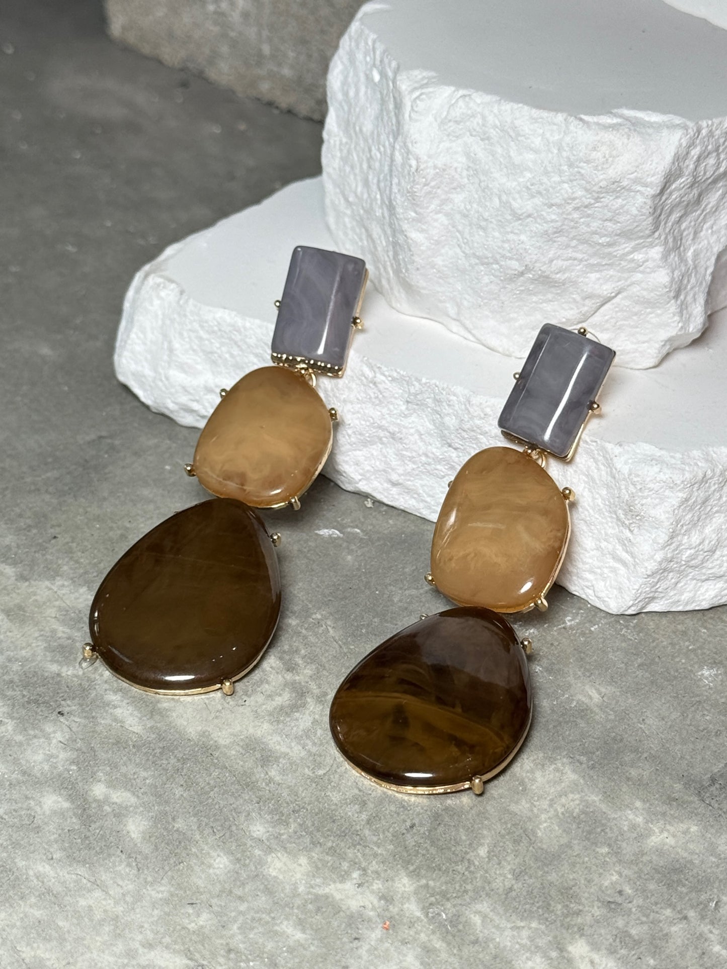 Fall For You Layered Earring - Unique Design with Rectangular and Teardrop Shapes in Brown Tones