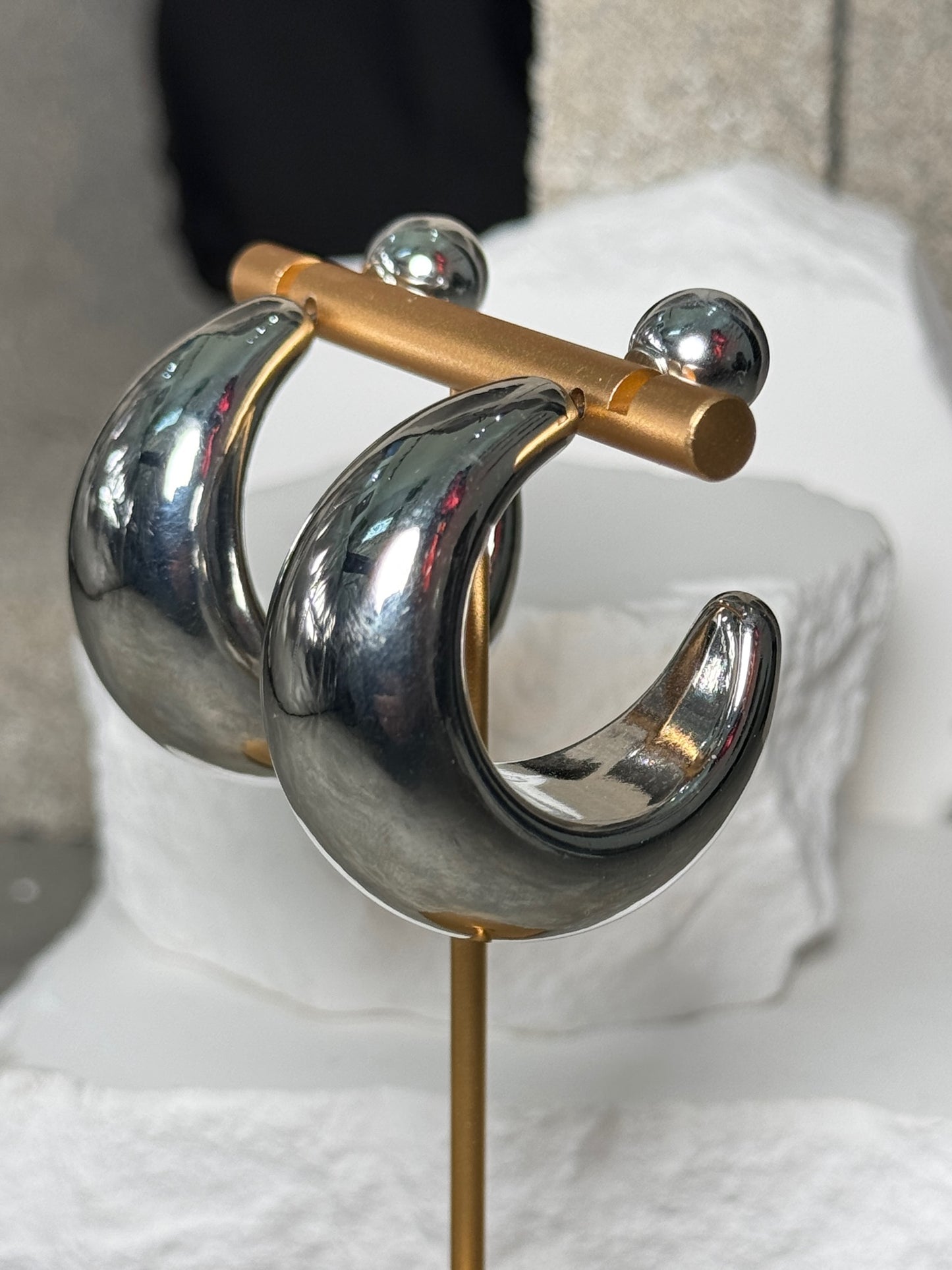 In the Balance Crescent Hoop Earrings - Polished Gold & Silver Modern Ball-Back Design Lightweight Fashion Forward Hoops for Everyday Wear