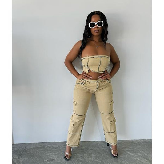 Cargo Denim Women Pants - High-Waisted, Fitted, Cargo Style, Stretchy Fabric