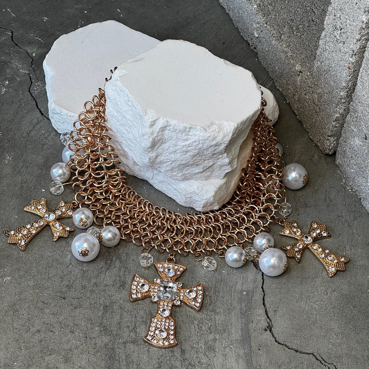 Timeless Cross & Pearl Choker 10" w/ Extender