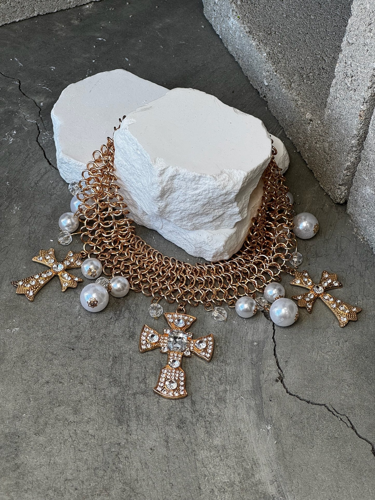 Timeless Cross & Pearl Choker 10" w/ Extender