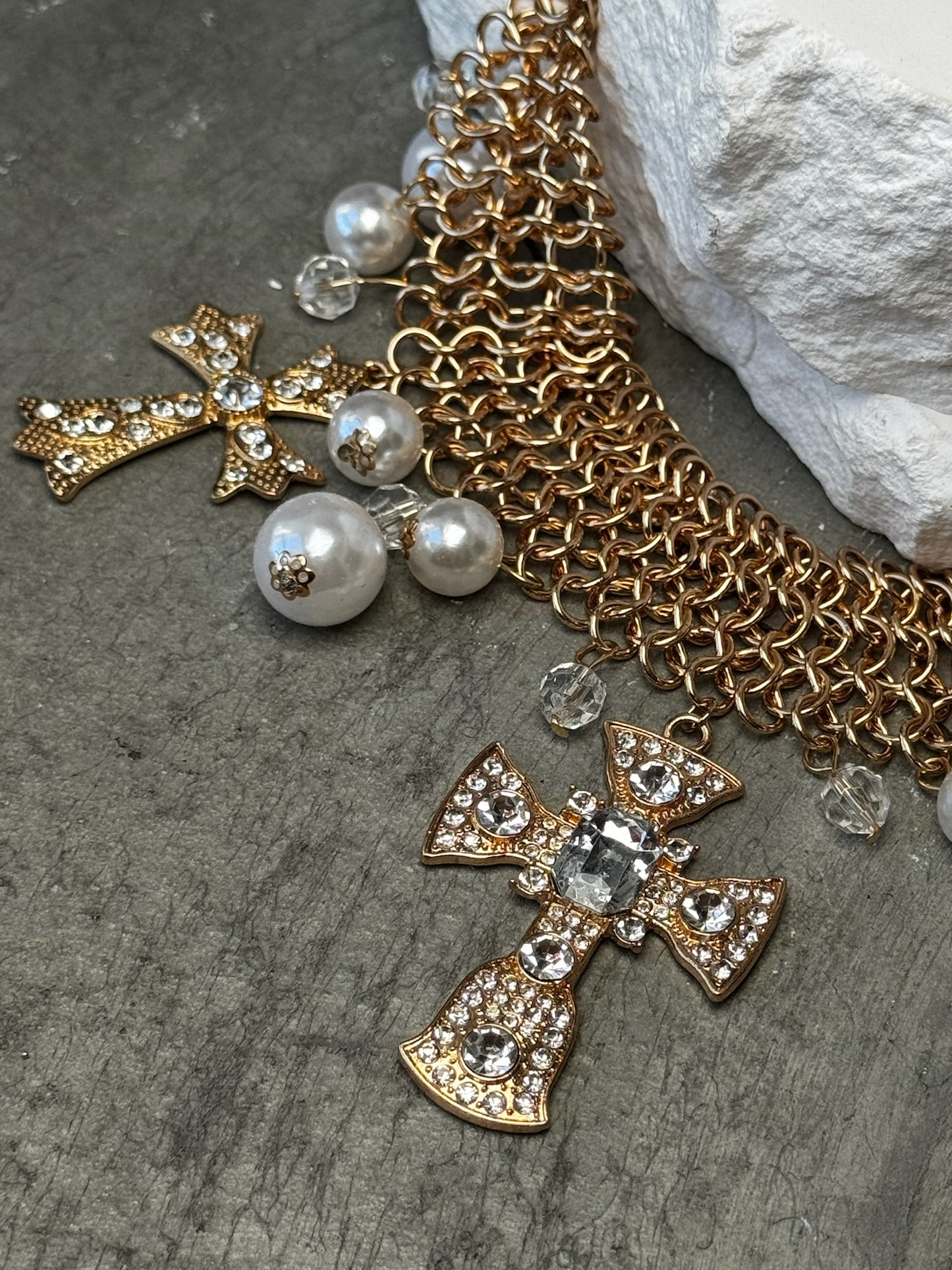 Timeless Cross & Pearl Choker 10" w/ Extender