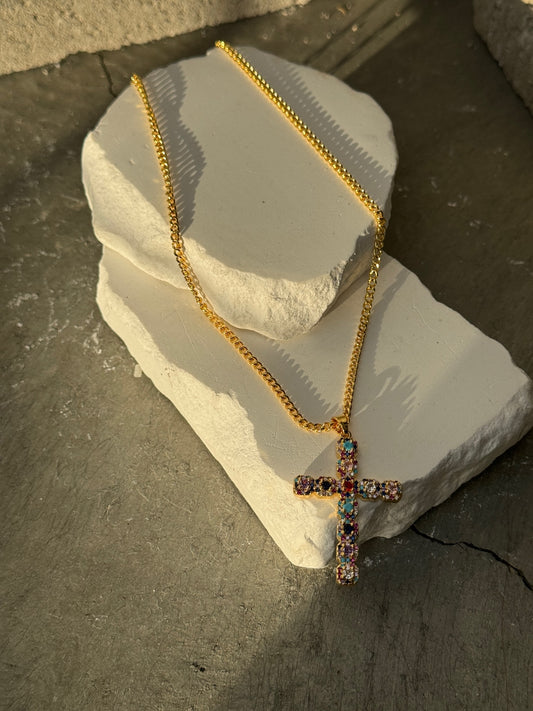 With Grace Multi Color 18k Cross Necklace 18"