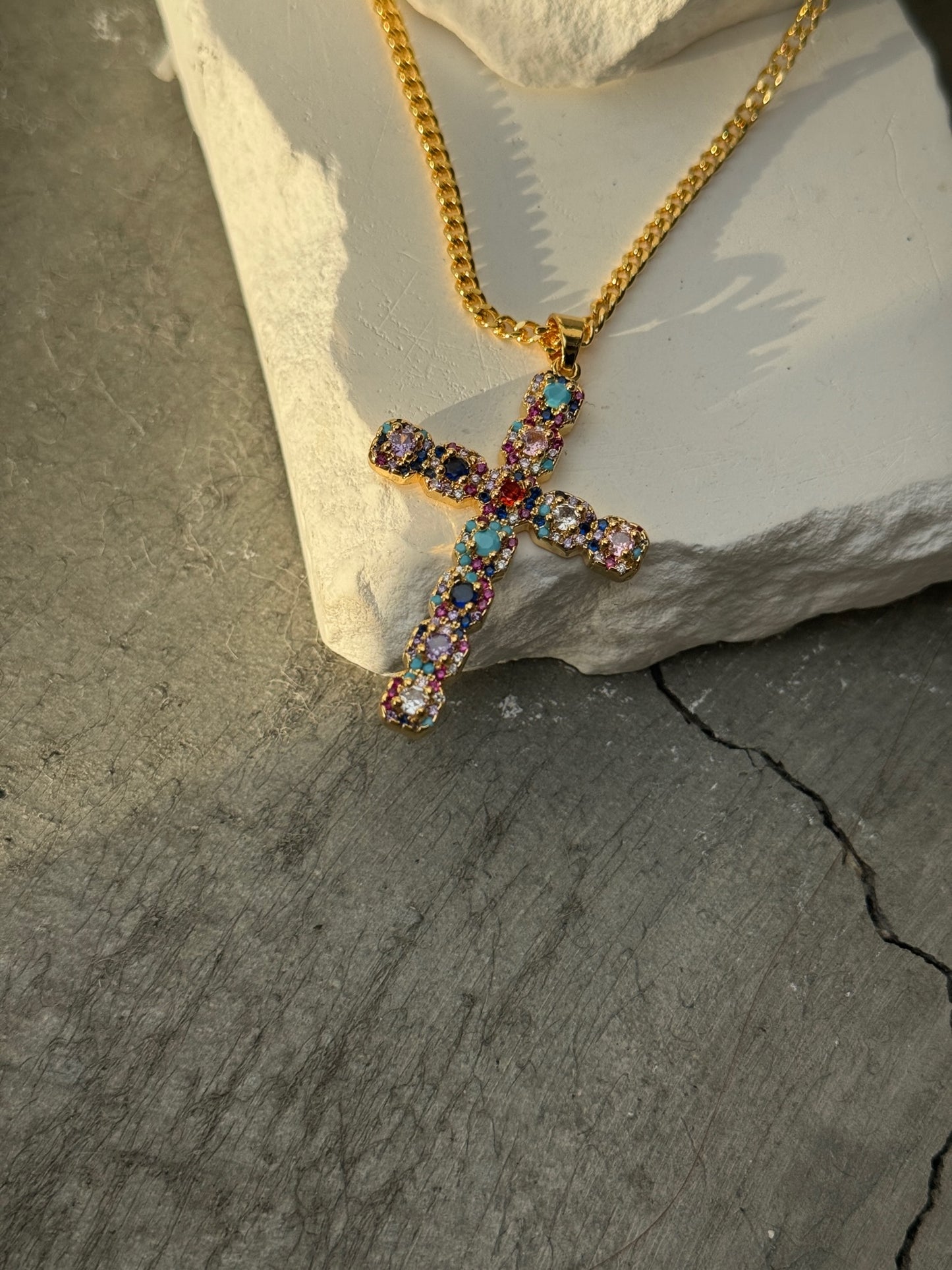 With Grace Multi Color 18k Cross Necklace 18"
