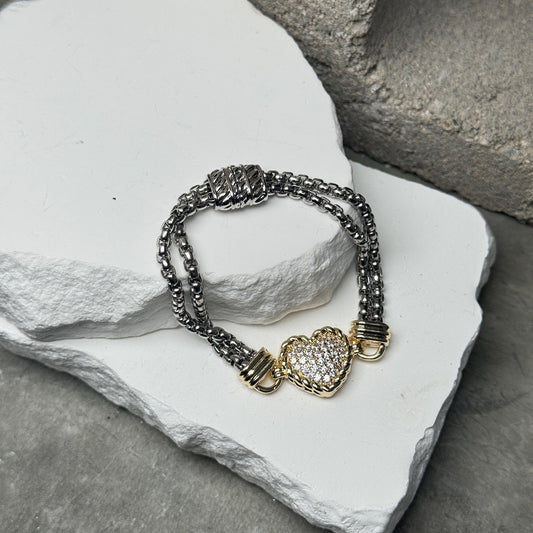 Mix Metal Heart Bracelet w/ Magnetic Closure 7.25"